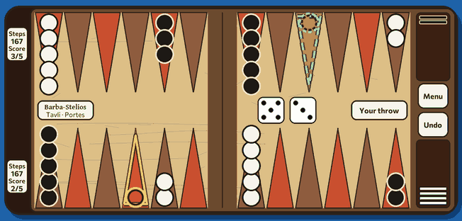 A tavli board seen from above, with white and black checkers on wooden points, two dice, and a name plate for the old man you are playing.