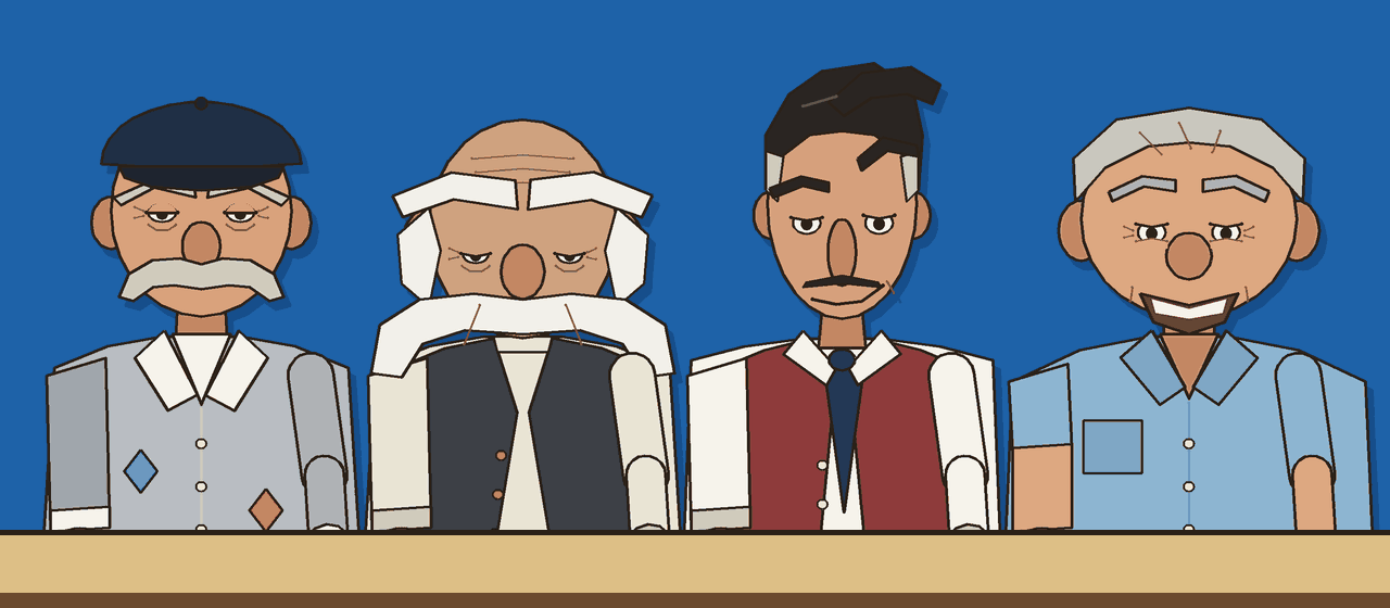 Four old men sit side by side behind a café table: one in a flat cap, one bald with white eyebrows and moustache, one with slicked-back dark hair and a tie, and one with grey hair and an open smile.